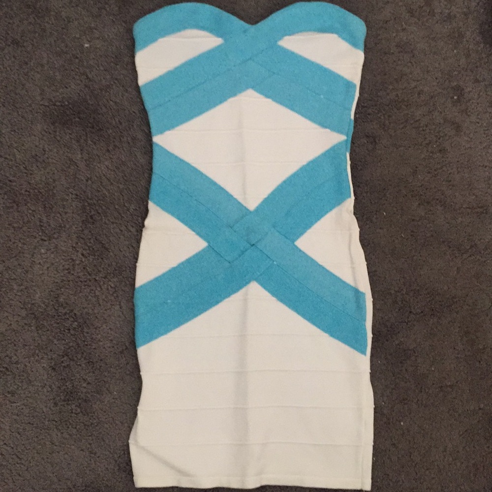 White Turquoise Shimmer Strapless Bandage Dress